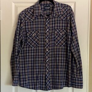 Wrangler Men's Navy and Tan Plaid Button-Down Long Sleeve Shirt sz L / Large